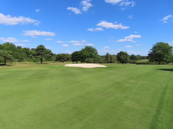 Approach down the sixth fairway to a green fronted by a broad sand bunker, mature trees behind